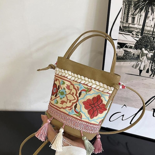 Kvinnors axelväska etnisk stil canvas crossbody väska med tofs dekoration shopping resehandväska Khaki