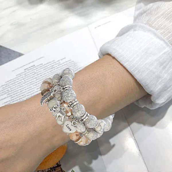 Enkel Bohemisk Pärl-Elefantvingar LOVE Mönster Boll Armband beige