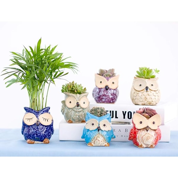 6-pack Sloth-kruka med bambufat, små keramiska krukor för suckulenter, söta djurplanter, kaktusblomkruka, sloth-gåvor