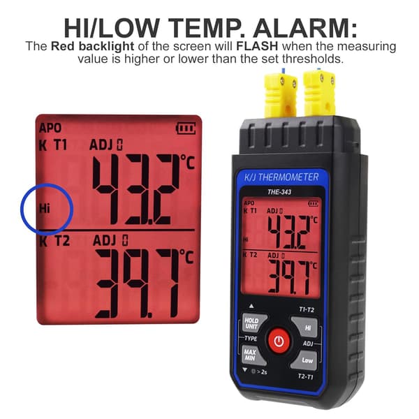 Digital Termometer med Termoelement, Typ K, 4 Termoelement, Mätintervall -328~2500℉, HVAC Termometer, Dubbla Kanaler, Temperatur