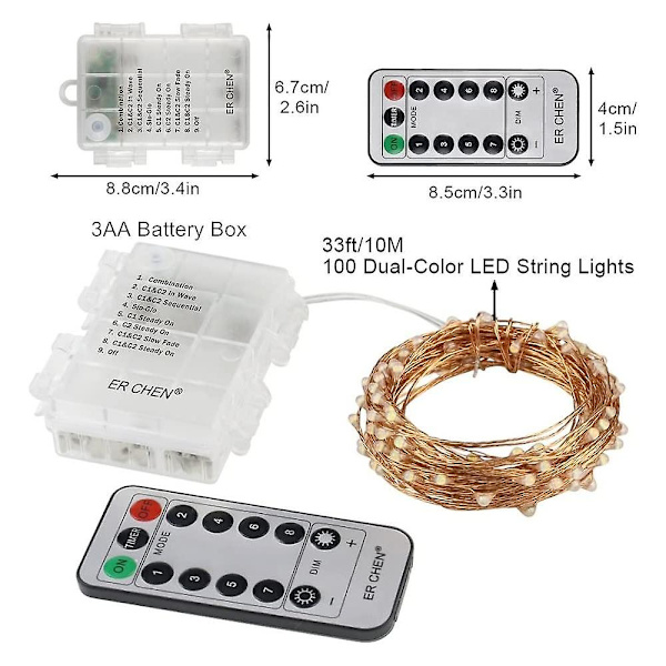 Batteridrevne lyslenker, 33 fot 100 LED 8 Modus Lyslenker med Fjernkontroll for Hage og Uteområder multicolor