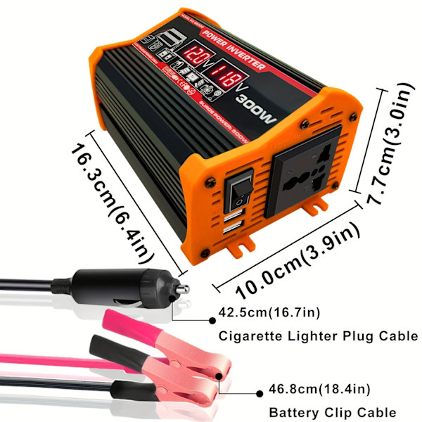 300W Strømomformer DC 12V til AC 110V Bilomformer med 2USB-interface, Biladaptere, Billader, med Digital Display