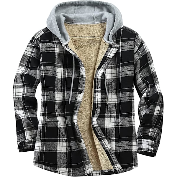 Rutete bomullsjakke for menn, fleeceforet flanellskjorte, Sherpa-jakke med knapper og hette for menn black S