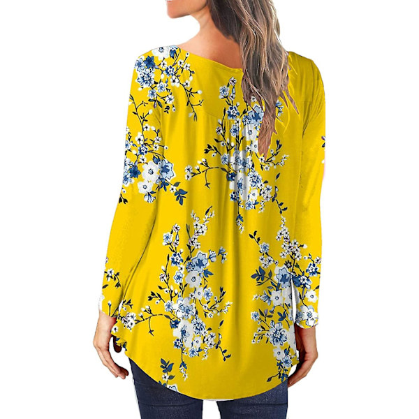 Dame Tunika Topper Ensfarget Plissert V-hals Knapper Bluse Blomstertrykte Damer Flodblue M