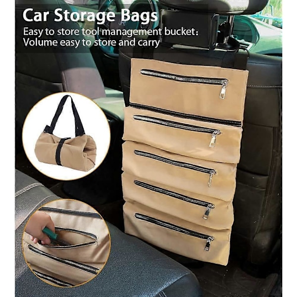 Værktøjsrulle RealPlus Multi-Purpose Canvas Værktøjsrulle Skruenøgle Rullepose Rulle Værktøjstaske med 5 Lynlåslommer Værktøjsorganisatorer til Bil Motorcykel Khaki