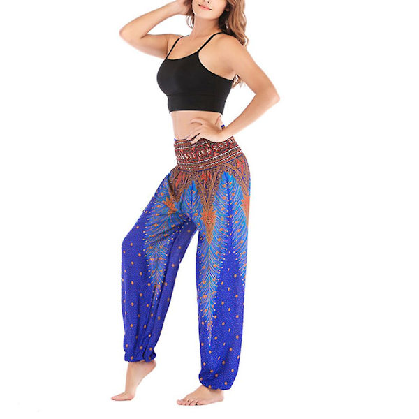 Boho Joogahousut Naisille - Painetut Pilateshousut Löysällä Istuvuudella ja Pussimaisella Harem-tyylillä - Täydelliset Rannalle, Joogaan, Tanssiin ja Muuhun Blue One Size
