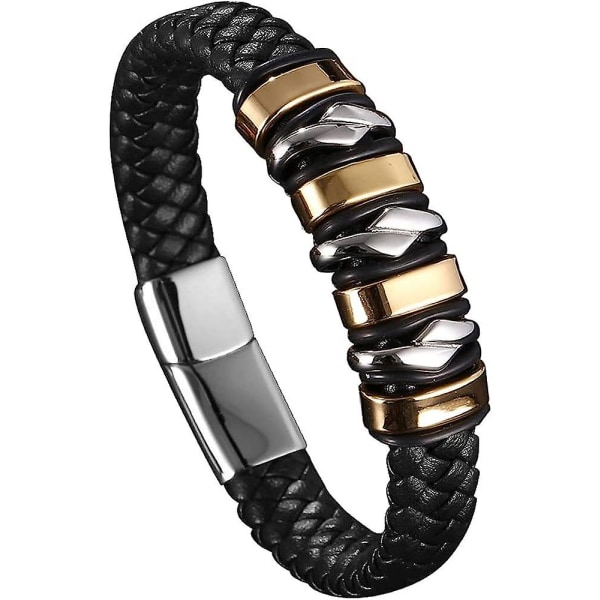 Läderarmband för män, flätade manschetter, handledsband med silver- och guldornament