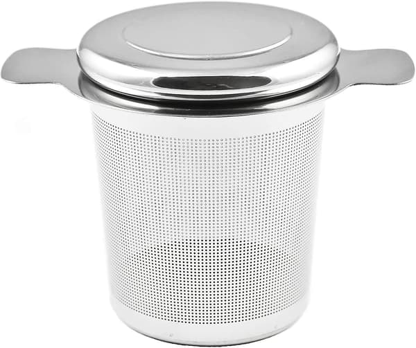 Tefilter, tebrygger i rustfrit stål med låg til tekande, kop, krus, glas