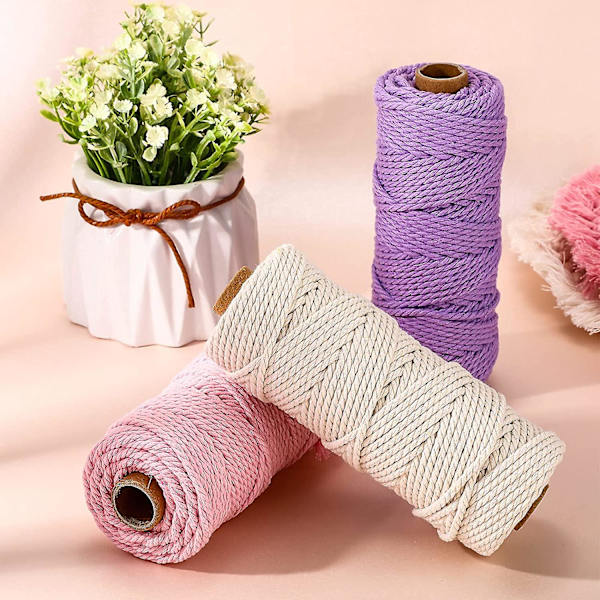 3 Rullar Makrame-Snöre 4 Mm X 54,7 Yard Naturligt Garn Snöre Färgglatt Makrame-Rep Polyester Stickgarn För Väggbonader, Växtupphängningar, Underlägg, DIY