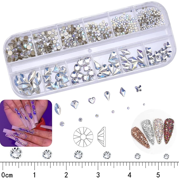 660 stk. AB Klar Himmelblå Glitrende Bling 3D Rhinestones for Neglekunst DIY Håndverk Skinnende Flat Back Glass Krystallsteiner Sett Juveler Neglepynt (60 stk. Mult