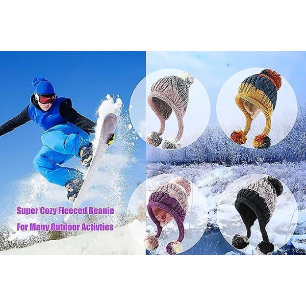 Sztxj Kvinnor Vinter Peruansk Cover Öron Mössa Hatt Öronlappar Sherpa Ski Snow Hats Stickad Fleece Fodrad 3 Pom Pom (vinröd)