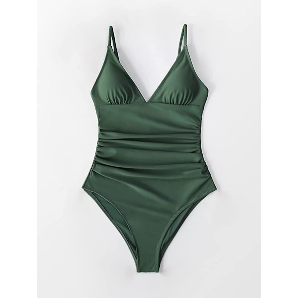 Dame Badedragt Heldragt V-hals Mavekontrol Rynket Front Lav Ryg Green M