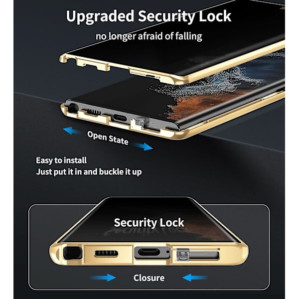 Yksityisyyttä suojaava magneettikotelo Samsung Galaxy S23 Ultralle, kaksipuolinen karkaistu lasisuojus Gold For Galaxy S23 Ultra