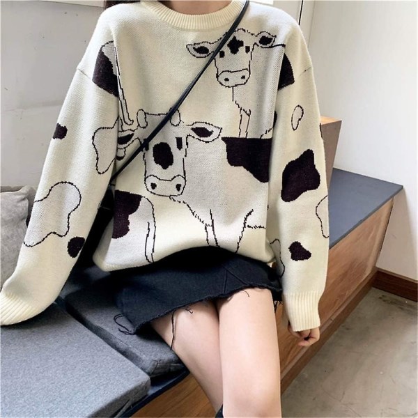 Vintage Cow Print Sweater - Casual Lös Harajuku Damtröjor, japansk Kawaii Cute Pullover