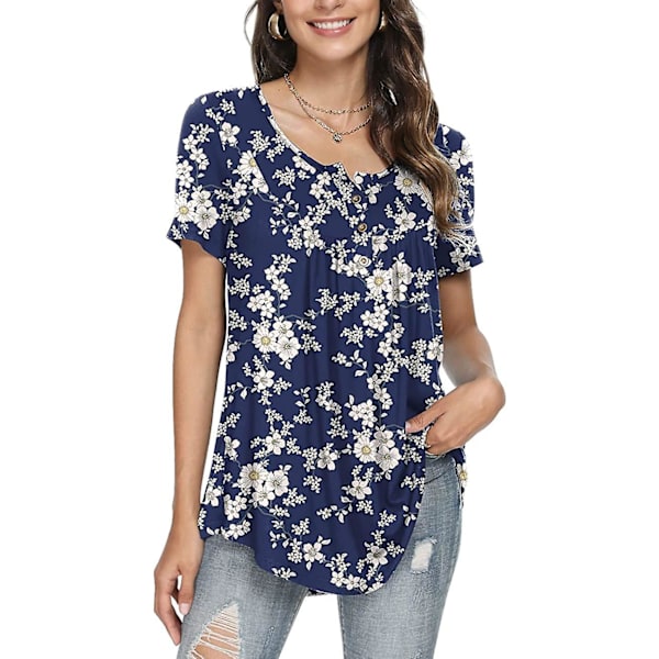 Dam vår-sommar Henley Shirts Button Up Tunika Toppar 2023 Casual Kortärmad Blus T White Flower M