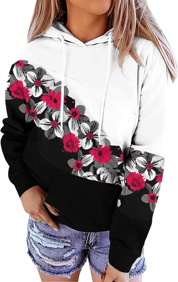 Baggy sweatshirts for kvinner, patchwork, blomstermønstret, hettegenser, avslappet langermet hettegenser for kvinner Wine Medium
