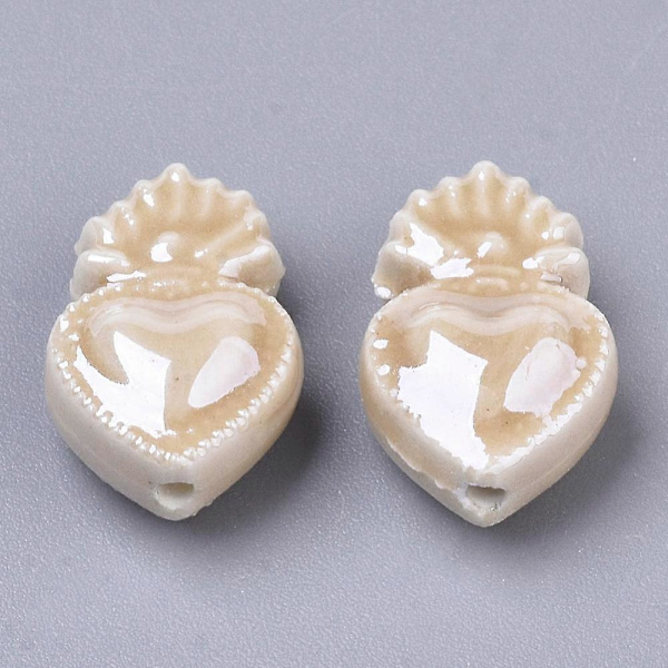 10 stk. Håndlavede Porcelænsperler Lys Glaseret Porcelænsstil Hjerte Tan 16x10,5x6,5mm Hul: 1,2mm