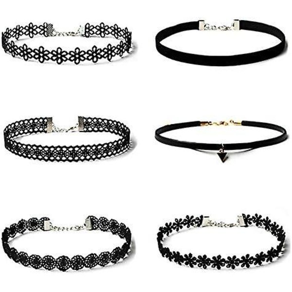6 stk. Halskæder Sort Fløjl Choker Sæt Klassisk Gotisk Tattoo Blonde Chokers