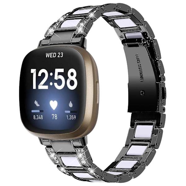 Resin klockarmband med strass i rostfritt stål för Fitbit Versa 4/Sense 2 Black White