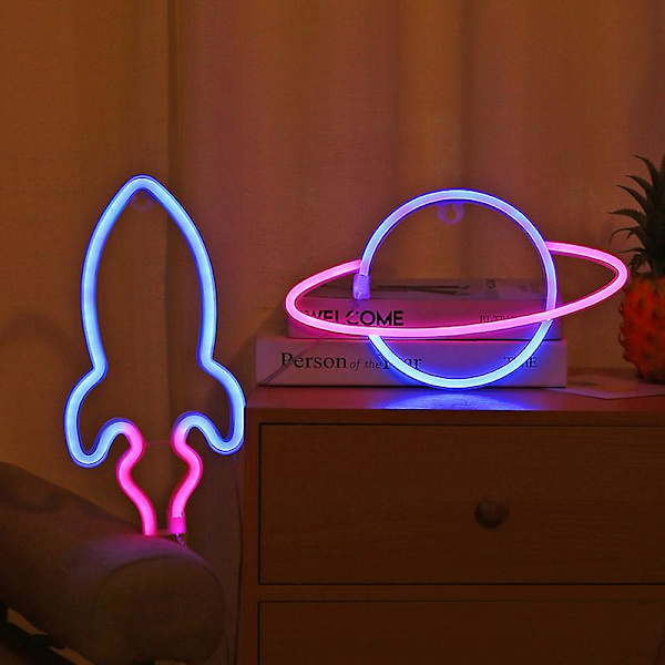 3 st neon skyltar för väggdekor, LED-neonljus för sovrum, USB eller batteridriven belysning rymdelement Alien Planet Rocket för barn, cool dekoration