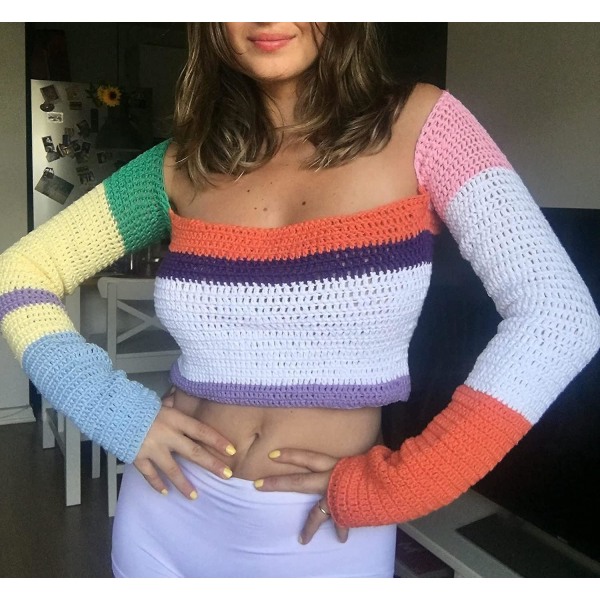Heklet, hul strikket genser for kvinner, crop tops, langermet genser, cropped Style 6 L