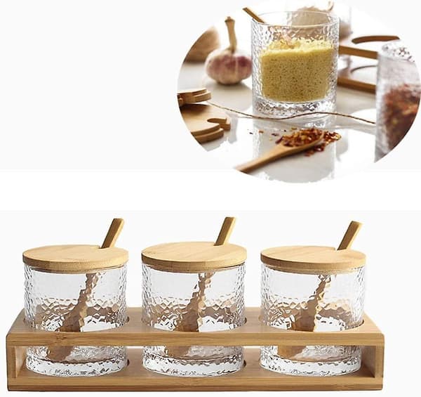 Kryddburk i glas, salt- och sockerbehållare, pepparkryddset för kök
