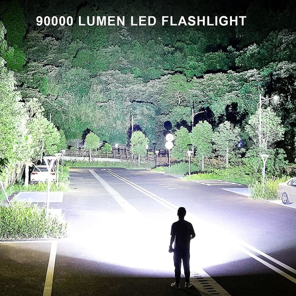 Uppladdningsbara LED-ficklampor med hög lumen, 90 000 lumen superljus zoombar vattentät ficklampa med batterier ingår och 3 lägen, kraftfull handhållen