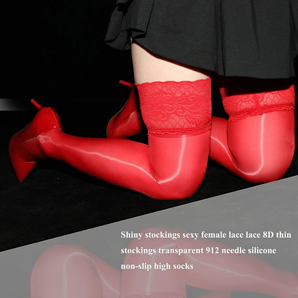 8d Glansfulle Hold Ups med Blondekant Glatt, Transparent, Vakre Lårhøye Nylonstrømper Red
