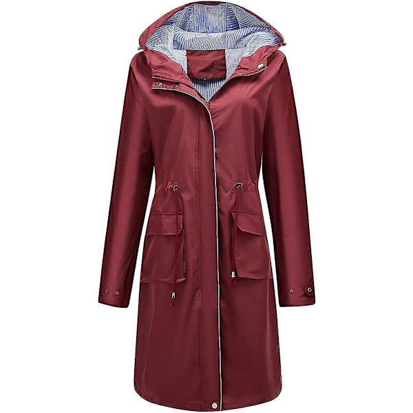 Dame Lang Vandtæt Jakke med Hætte Letvægts Regnfrakke Vindjakke Udendørs Trenchcoat Red M