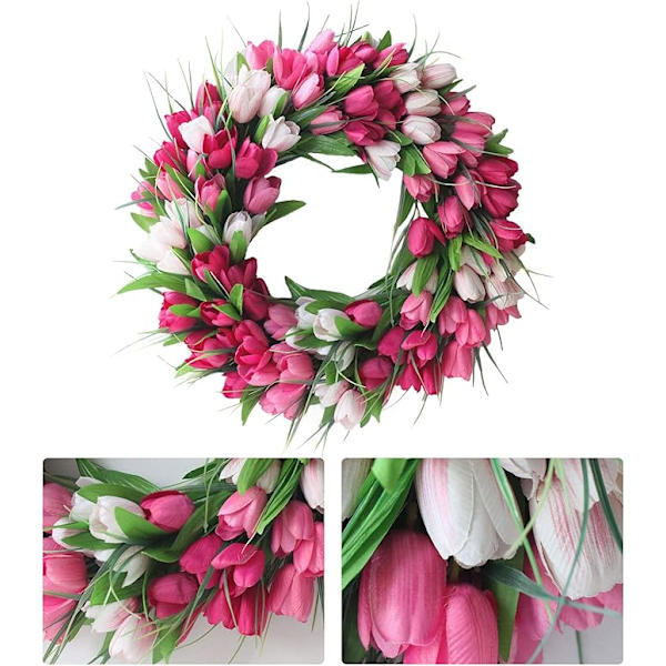 Tulipan Krans til Hoveddør, 20 tommer Kunstig Tulipan Blomsterkrans med Rattan Base, Forårstulipan Blomsterkrans Blomsterkrans til Forår Sommer Bryllup
