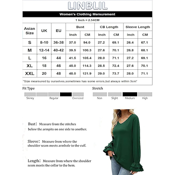 Dame Ensfargede Topper Casual V-hals Ruffle 3/4 Bell Erme Bluse Tunika Løs Skjorte Khaki B M