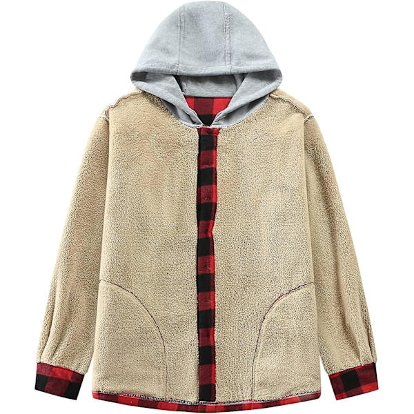 Herrkläder Bomull Rutiga Skjortor Jacka Fleecefodrade Flanellskjortor Sherpa Knäppning Jackor Med Huva För Män Red 2XL
