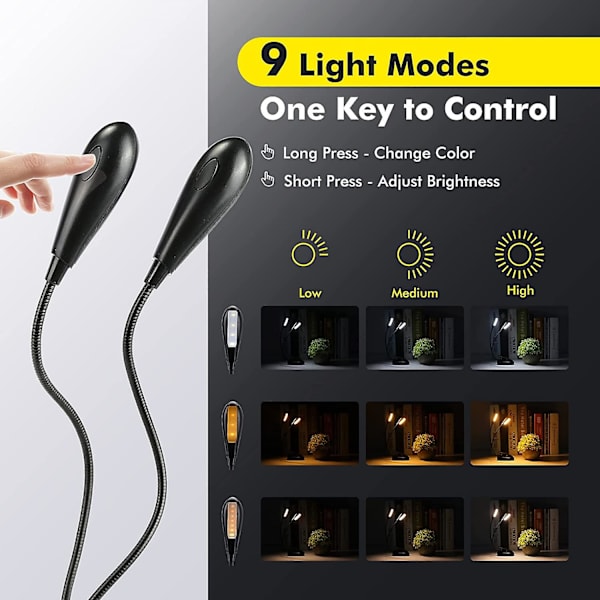 Oppladbar 14 LED Boklampe, Varm & Hvit Clip-on Leselampe, Boklamper