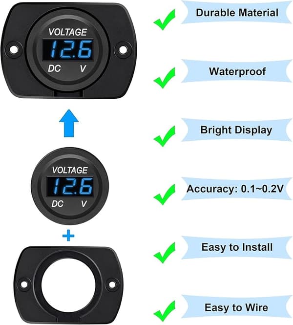 2-pack DC 12V 24V Vattentät Bil Voltmeter LED Digital Display Panel, Rund Spänningsmätare med Terminaler för Bil/Motorcykel/Husvagn