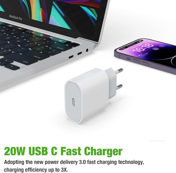 20W USB C Hurtiglader, MFi-sertifisert iPhone-lader/Ladekabel, Strømforsyning, PD Hurtigladekabel, USB C til Lightning