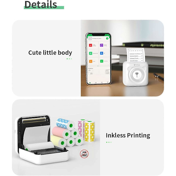 Mini valokuvatulostin A6 mini tasku lämpötulostin langaton BT valokuvalaput kuitit toiminto valokuva AR valokuva USB-kaapelilla 9 rullaa keltaista lämpöpaperia white