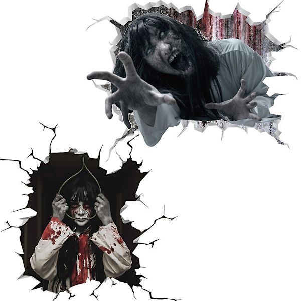 Sztxj 2-pak 3D Halloween Vægklistermærker Skræmmende Kvinde Vægdekorationer Aftagelige Horror Vægdekorationer Vægmaleri Gulvkunst Til Soveværelse Stue Butiksdekoration,
