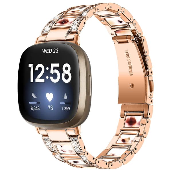 Til Fitbit Versa 4/Sense 2 Resin Urrem Rustfrit Stål Rhinestone Dekor Urrem Rose Gold Nougat Pattern