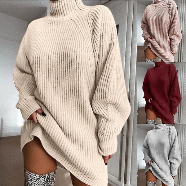 2023 års stickade midiklänning med raglanärm och mock turtleneck Apricot L