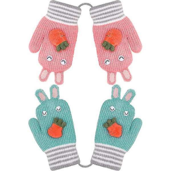 2 par söta stickade handskar för barn med snöre