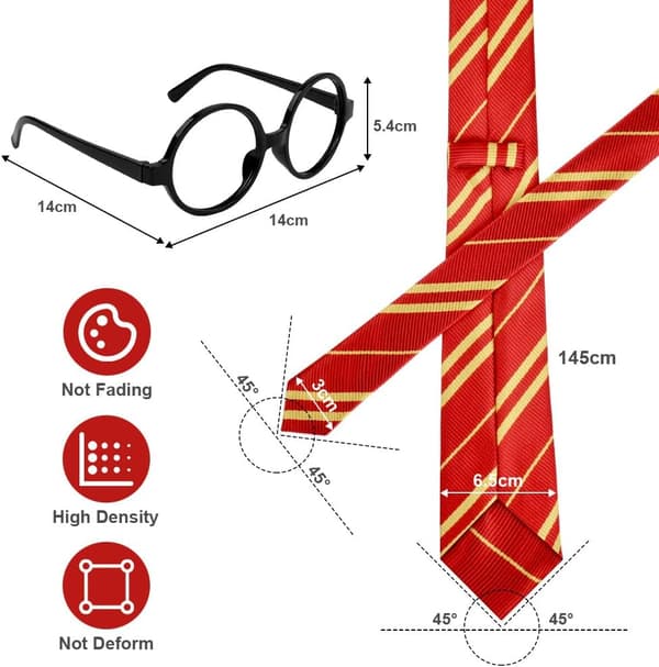Trollmannskostyme Tilbehørssett Rød og Gull Trollmann Stripe Hodebånd Slips Briller, Skoleuniform Slips Retro Runde Briller Hodebånd