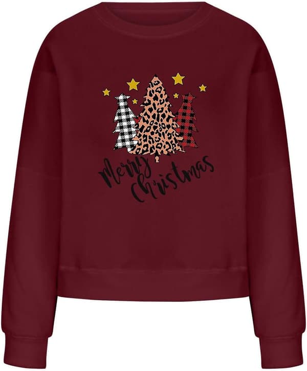 Bluse for kvinner, løs juleprint genser med rund hals (damer)