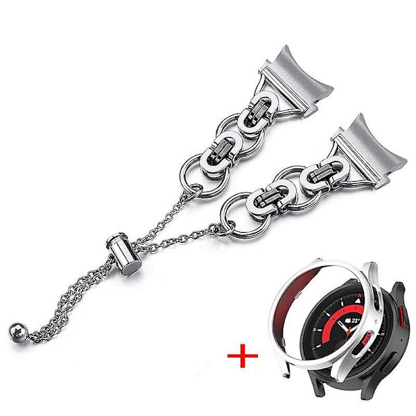 Rostfritt stål klockarmband pärldekor för Samsung Galaxy Watch 5 44mm med PC skyddande ram Silve  Black Silver Watch Fram
