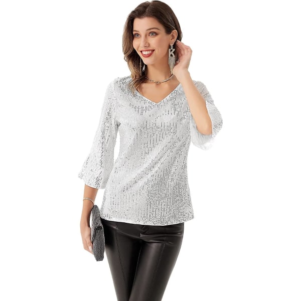 Dame Glitrende Glitter Paillet Tank Top T-shirt 3/4 Pufærme V-hals Bluse Top Silver White S