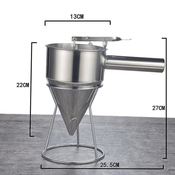 Røredispenser, Røredispenser i rustfritt stål for pannekakerøre, Stempeltrakt-dispenser med stativ for baking av kaker og desserter