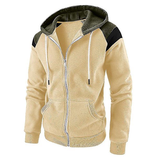 Herre Casual Hættetrøje Kontrastfarve Lynlås Hætte Langærmet Jakke Sportsjakker Overtøj Toppe Khaki 2XL