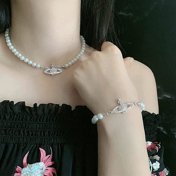 Pärla Kristall Saturn Planet Zinklegering Halsband Armband Justerbar Minimalistisk Snygg Choker Smycken Gåvor Till Mamma Hennes Fru Flickvän, Gyllene Nyckelben Ch