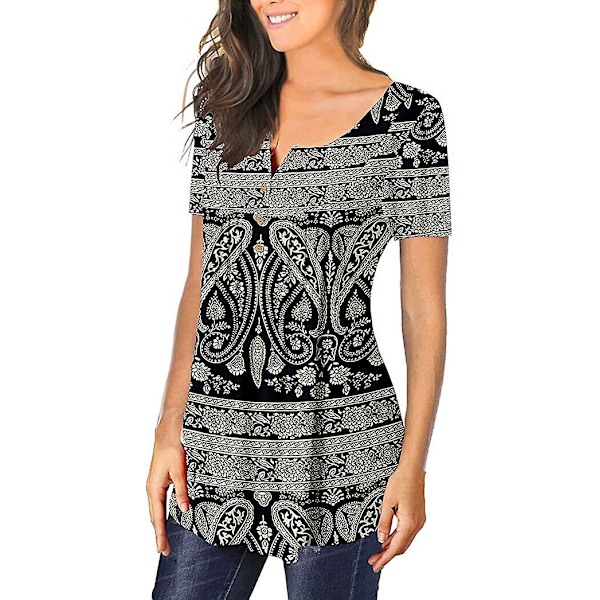 Dame Tunika Topper Ensfarget Plissert V-hals Knapper Bluse Blomstertrykte Damer Snowflake S