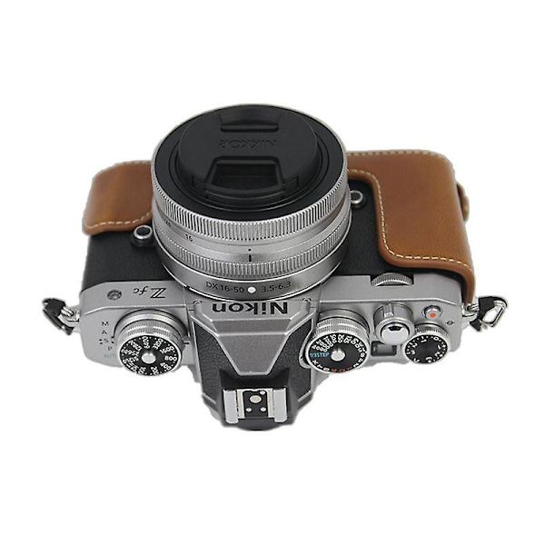PU-Lær Avtakbar Kameraveske for Nikon Z fc 28mm Batteriåpning + Objektivpose + Skulderstropp Brown