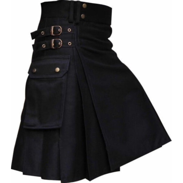 Högkvalitativ mode för män Cool Pocket Kilts Enfärgad Gothic Kilt Vintage Warrior Cargo Kilt Metallbälte Plisserad kjol Black M